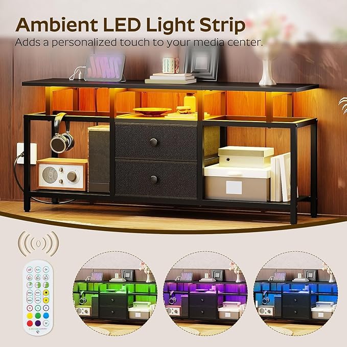 TV Stand with LED Light and Power Outlets Entertainment Center with Fabric Drawers and Open Shelves 41.7 TV Cabinet for TVs up to 45 Inch Media Console for Living Room Bedroom DS03UDBB
