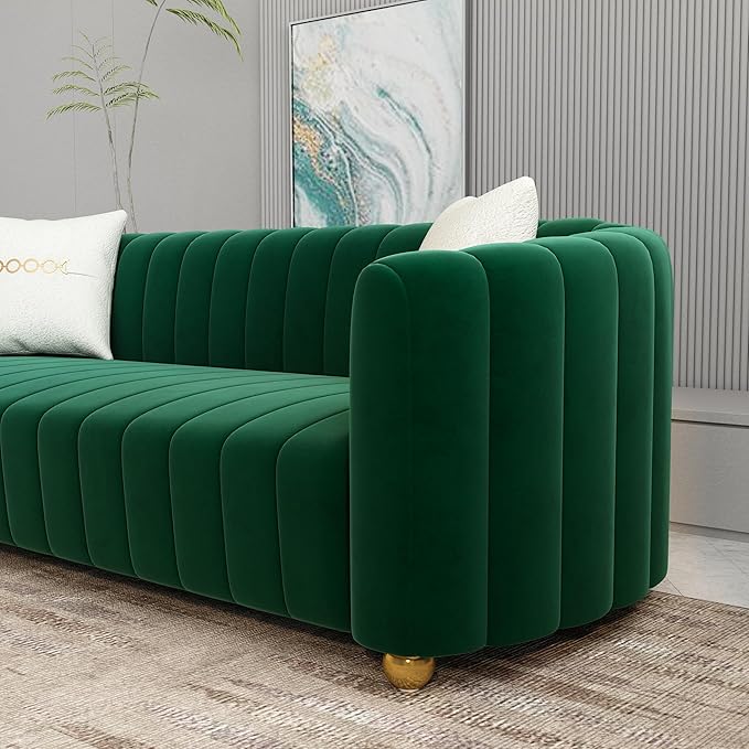 Modern Green Velvet Couch for Living Room 83.46 Curved Sofa with Gold Metal Sphere Legs 3 Seater Cute Couch (Velvet Green)