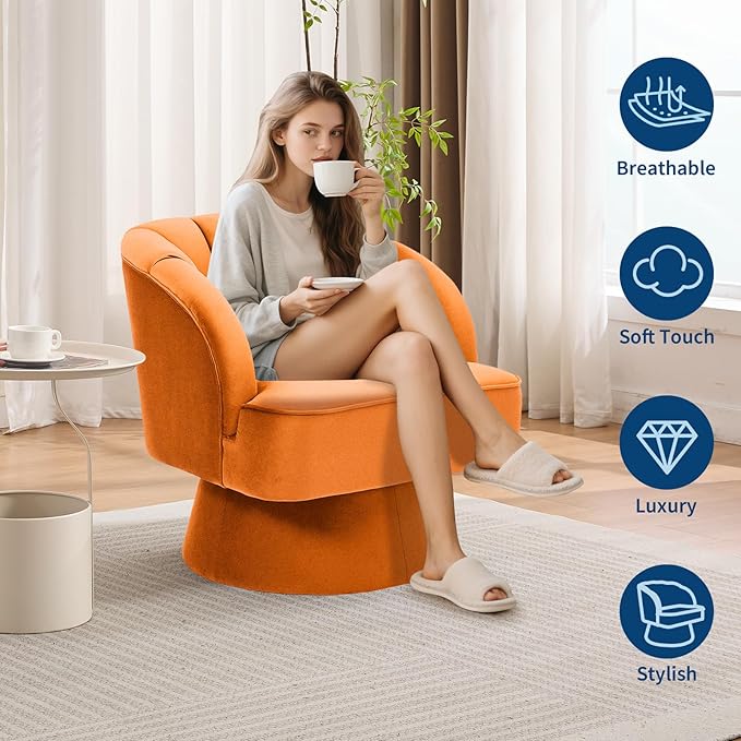 Garvee Ultra-Plush Swivel Accent Chair 360° Barrel Lounge Chair with Cloud-Like Padding &amp Modern Striped Backrest Velvet Upholstered Round Armchair for Living Bedroom Reading Nook - Orange - 1P
