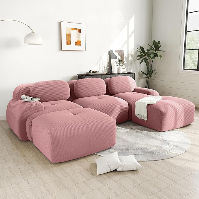 117.3 U-Shaped Cloud Couch Modular Sectional Sofa - Boneless Deep Seat 3-Seater with 2 Movable Ottomans No Assembly Corduroy Upholstery Couches for Living Room (Pink)