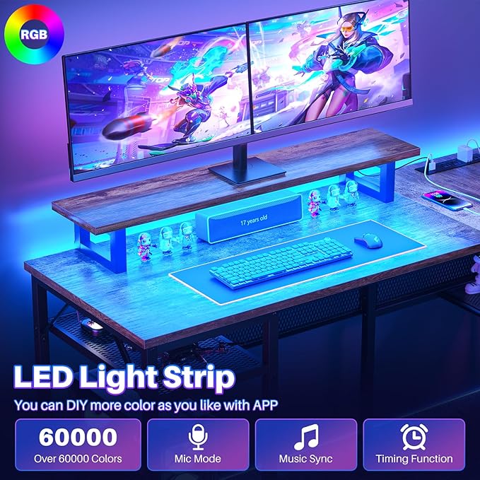 Cyclysio Reversible L Shaped Computer Desk with LED Lights &amp Power Outlets Office Corner Desk with Shelves &amp Monitor Stand Home Office Desk Gaming Table with Unique Grid Design (Rustic Brown