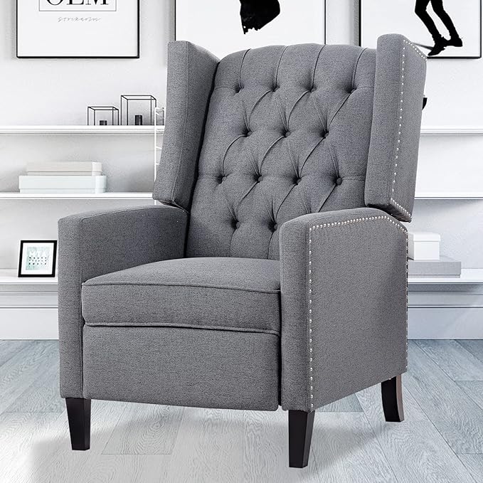 Gray Recliner Chair for Adults Accent Wingback Chairs Living Room Chair Mid-Century Modern Fabric Recliner Button Tufted Club Chair Upholstered Reclining Reading Arm Chair 27