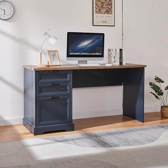 60 Farmhouse Executive Desk with Charging StationHome Office Desk with 2 Drawers &amp1 File CabinetWood Work Desk for Office and Home (Blue)