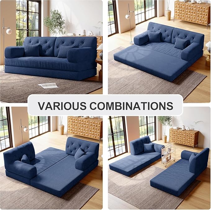 5-in-1 Folding Convertible Sofa Bed Loveseat Sleeper with Pull-Out Bed Floor Sofa Modular Futon Couch 79 Oversized Corduroy Upholstered Boneless Couch for Living Room Bedroom Lounge Blue-C