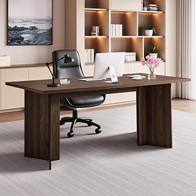 VEVOR 63 in Executive Desk Large Modern Rectangle Office Table Heavy Duty Wooden Executive Table with Cable Connection Hole 250 LBS Load Capacity Easy Assembly for Work Study Writing Walnut