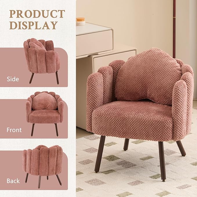 Furniliving Pink Vanity Chair Velvet Accent Chair for Living Room Shell Chairs with Wooden Legs Makeup Chair for Bedroom Armchair Cute Petal Reading Chair with Pillow