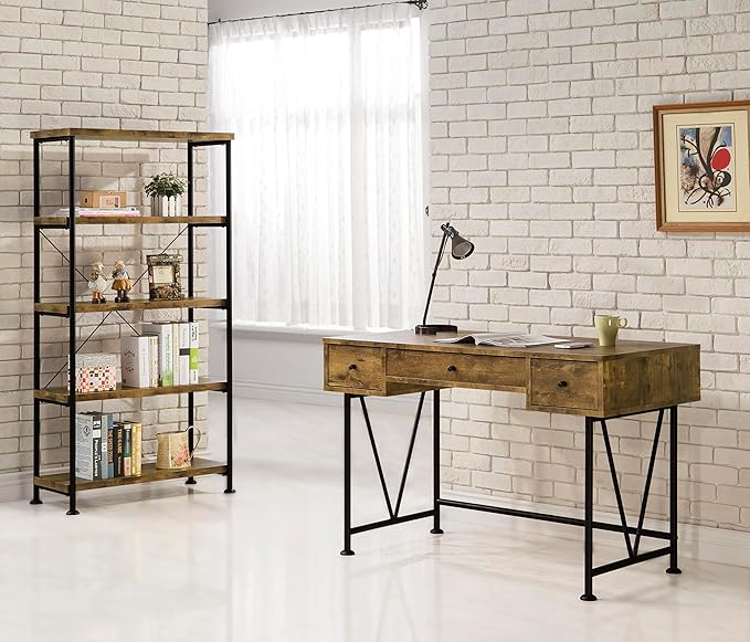 Coaster Home Furnishings - Analiese - Metal and Wood - 2-Piece Computer Desk and Bookcase Set with Three Storage Drawers Four-Shelf Bookcase - Farmhouse - Home Office - Rustic Nutmeg - 801541-S2
