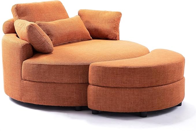 ERYE Oversized Round Accent Barrel Chair with Storage Ottoman and Adjustable Headrest Modern Linen Upholstered Leisure Recliner Armchair for Living Room Bedroom