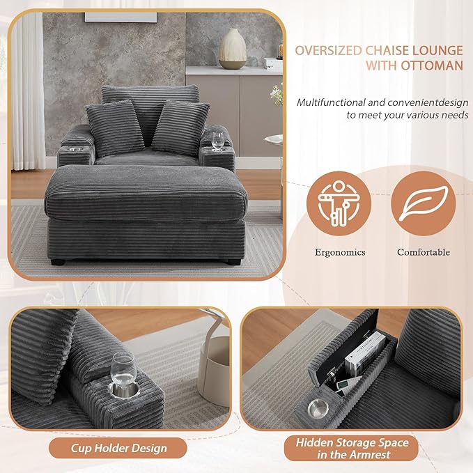 50 Oversized Chaise Lounge Chair Indoor with Ottoman and Storage Comfy Corduroy Sleeper Chair with Cup Holder Deep Seat Upholstered reading Chair Reclining Chair for Living Room Bedroom(Grey)