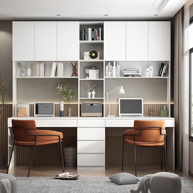 Homsee White Large 2-in-1 Computer Desk for 2 Person with 86.6 Tall Bookshelf 94.5 L Office Desk Writing Study Table with 6 Drawers 15 Shelves &amp 6 Doors for Home Office
