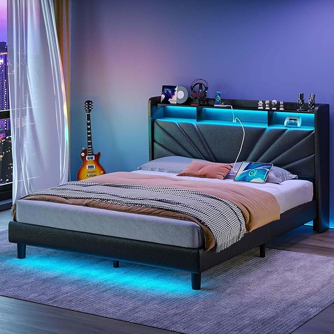 Rolanstar Queen Size Bed Frame Storage Headboard with Charging Station and LED Lights Upholstered Bed with Heavy Duty Wood Slats No Box Spring Needed Noise Free Easy Assembly Black