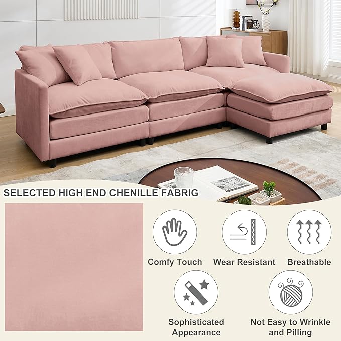 Modular Sectional Sofa108.27'' Modern Sofa Sleeper Couch with 3 Seat &amp 1 Ottoman &amp 3 pillows Sofa SetComfy Cloud Couches with Movable Ottoman Deep Seat Sofa for Living Room Chenille (pink L