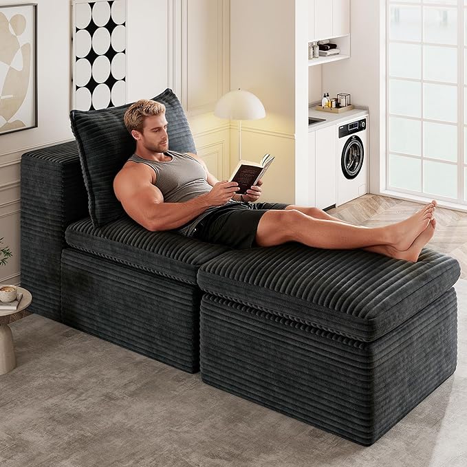 65.6 Chaise Lounge Chair Indoor Boneless Upholstered Sofa Bed Corduroy Comfy Sleeper Chair for Living Room and Bedroom Pebble Grey