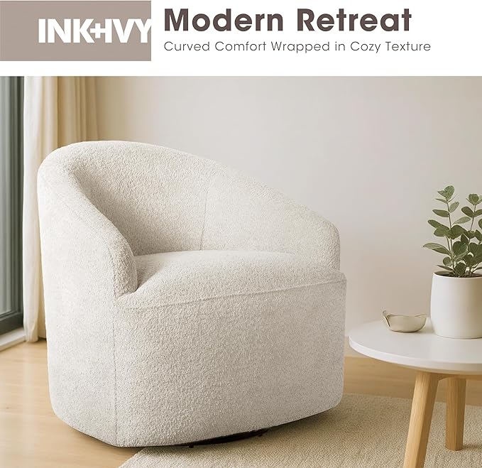 Ink+Ivy Bonn Swivel Accent Chair Cozy Plush Boucle Upholstered Barrel Chair for Living Room Modern Family Room Sofa Bedroom Lounge Furniture 30 W Cream