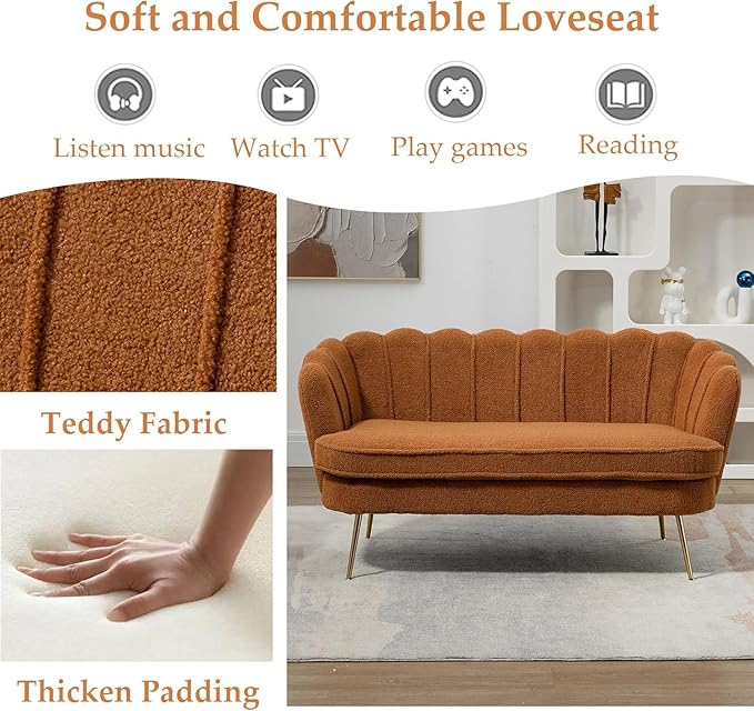 59 Wide Modern Boucle Loveseat Small Sofa Small Mini Room Couch 2-Seater Sofa with Gold Metal Legs for Space Office Studio Apartment Bedroom (Caramel)
