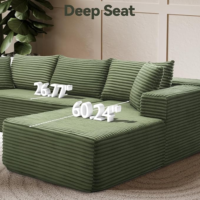 106 Modular Sectional Sofa Green Corduroy Cloud Couch with Left Chaise Deep Seat Boneless Floor Sofa for Living Room High-Resilience Foam Support No Assembly Required Includes Pillows | Sectiona