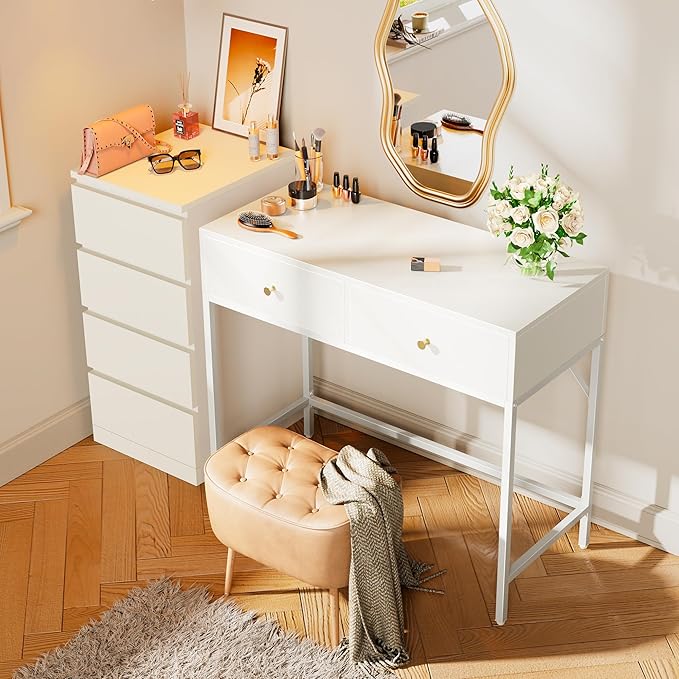 SUPERJARE 39.4 White Desk with 2 Drawers Modern Makeup Vanity Desk Small Computer Desk Home Office Desk for Writing Study Bedroom