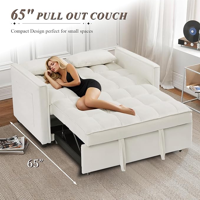3 in 1 Convertible Sleeper Sofa Bed Futon Couches for Living Room with Side Pocket/Adjustable Backrest Velvet Upholstered Pull Out Couch Small Loveseat Sofa Bed for Bedroom Office Small Spaces