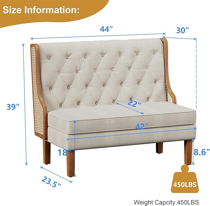 Andeworld Loveseat Settee Bench with Natural Rattan ArmsUpholstered Modern High-Back Mini Sofa CouchBanquette Dining Bench Love Seat for Living Dining Room Bedroom Office Small Space EntrywayBeige