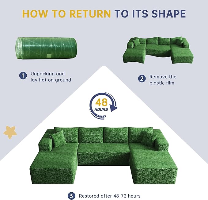 140 U-Shaped Modular Sectional Sofa for Living Room3 Seater Cloud Sectional Couch with Chaise LoungeDeep Seat with PillowsNo Assembly Required (Green)
