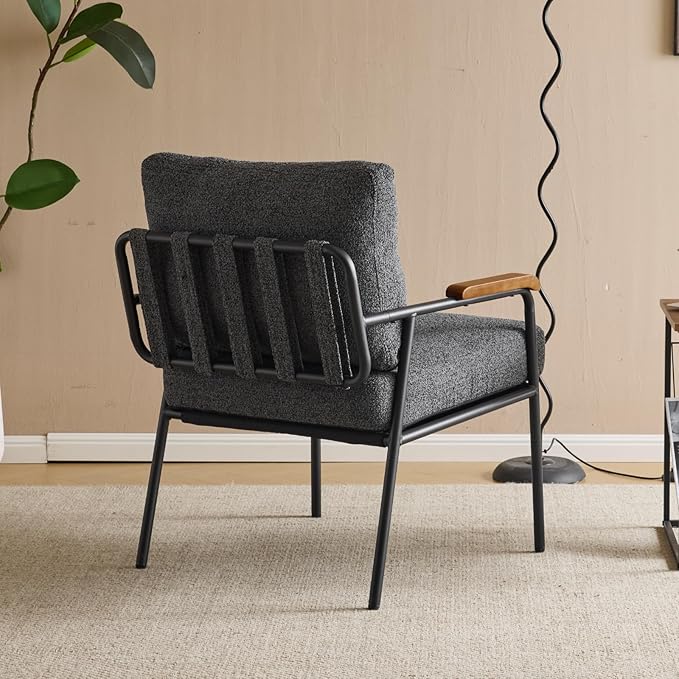 Karl home Accent Chair Modern Armchair with Metal Frame Linen Fabric Upholstory Living Room Chair Mid-Century Reading Chair with Wooden Arms for Living Room Bedroom Reading Room Apartment Gray