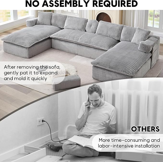 Oversized Cloud Boneless Couch 149 Modular Sectional Sofa with Deep Seat Chaise Fluffy U Shaped Couches for Living Room Comfy Plush Corduroy Sofa with Pillows No Assembly Light Grey