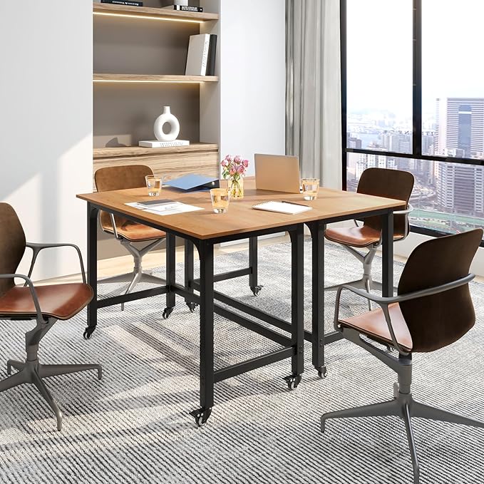 Giantex 8FT Conference Table 4 PCS 48 Rectangular Mobile Meeting Room Desk w/Removable Storage Bag &amp 2 Hanging Hooks Rolling Modern Seminar Boardroom Table for Office Conference Room Natural