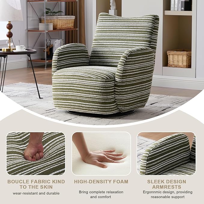 360° Swivel Accent Chair with Armrest Modern Striped Upholstered Lounge Chair Stable Round Base &amp Sturdy Metal Frame Armchair for Bedroom Living Room Office &amp Vanity (Olive Green)