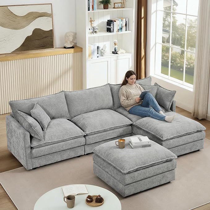 Homy Casa 102 Inch L Shaped Couch Set3-Seat Sectional Sofa with Chaise Comfortable Chenille Fabric Removable Cushions Ottoman DIY CombinationModern Design for Living/Family Room (Grey)
