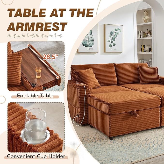 Chaise Lounge Chair Indoor 68 W Corduroy Loveseat Sectional Couch with Sorage Ottoman/Wing Table/Charge Ports/Cup Holder Modern Comfy Deep Seat Reading L-Shape Sofa for Living Room Orange