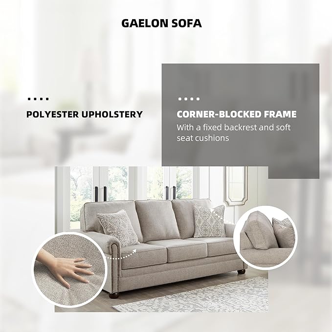 Signature Design by Ashley Gaelon Transitional Sofa with Nailheads and 2 Accent Pillows Beige