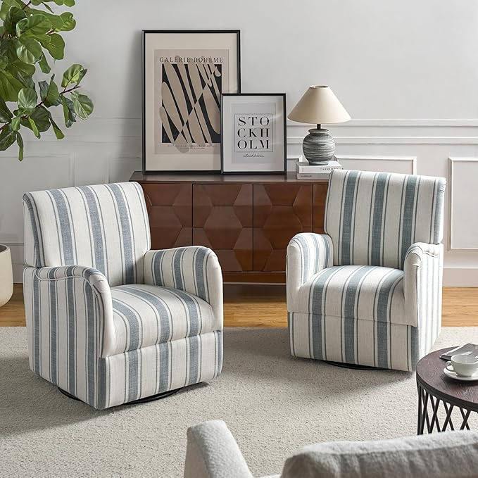 HULALA HOME Swivel Accent Chairs Set of 2 with Stripe Pattern Farmhouse Fabric Upholstered Armchairs with Metal Base 360° Swivel Traditional Sofa Chairs for Living Room Bedroom Blue