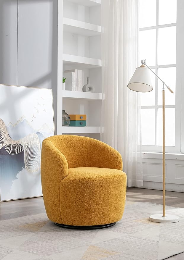 Swivel Barrel Chair Modern Teddy Fabric Swivel Accent Armchair Comfy Round Club Chairs Sofa Arm Chair for Living Room Bedroom Reading Room Apartment Hotel Office Nursery Lounge（Yellow）