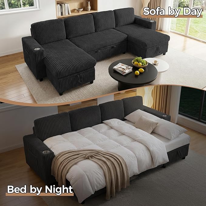 Modular Sectional Sleeper Sofa with Pull Out Bed Plush Corduroy U Shaped Couch with Storage Chaise USB Ports Cup Holders Comfy Cloud Couches for Living Room Black