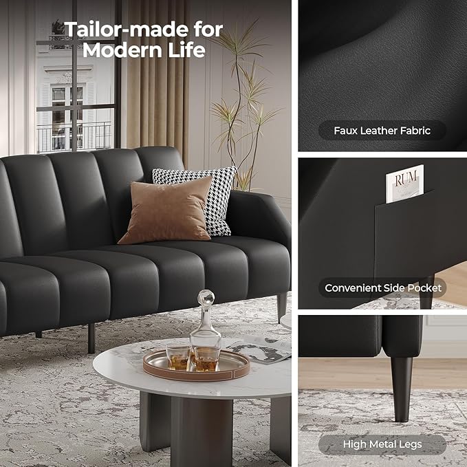 Fadware Faux Leather Couch Convertible Futon Sofa Bed with Adjustable Backrest Mid Century Leather Sofa Loveseat with Side Pockets&amp Metal Leg Modern Leather Sleeper Sofa for Living Room Bedroom