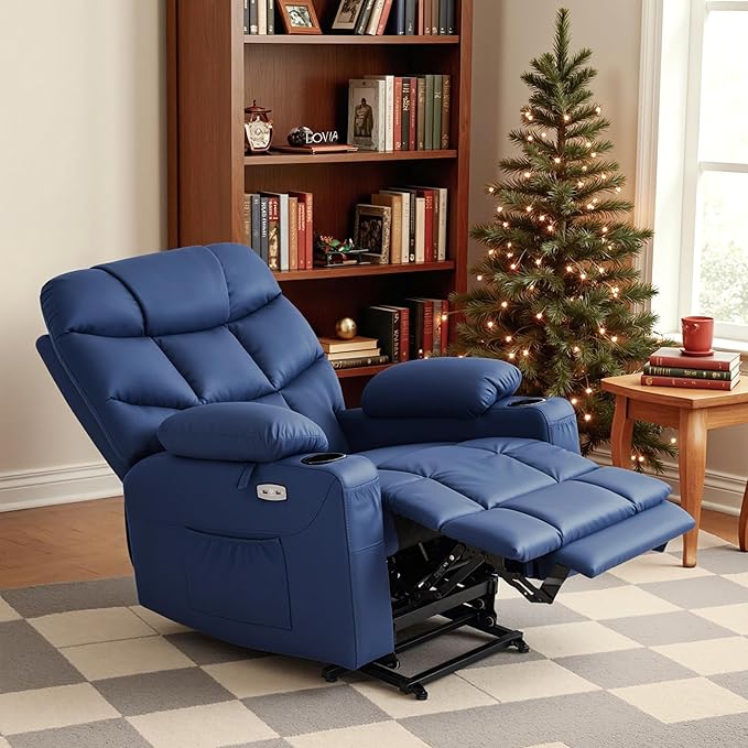 MCombo Power Lift Recliner Chair with Extended Footrest for Elderly People Faux Leather 7287 (Navy Blue Medium)