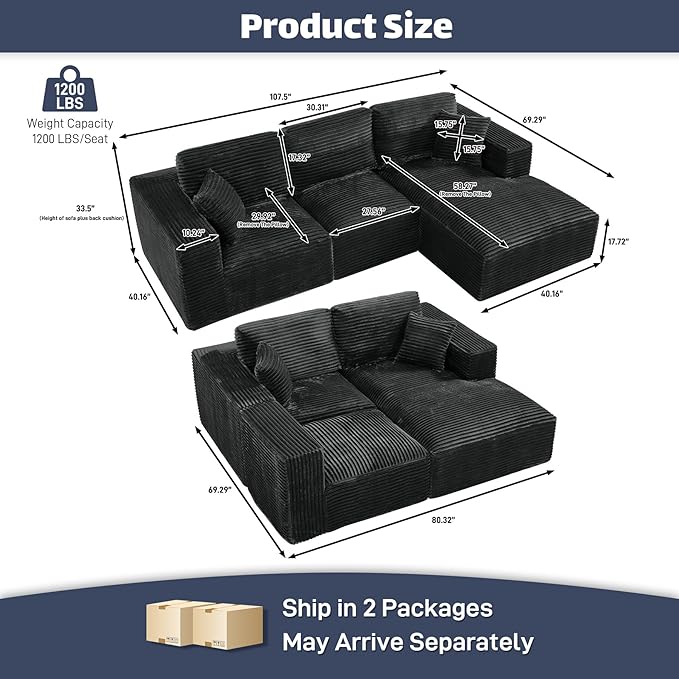 108 L-Shaped Boneless Cloud Sectional Couches Comfy Corduroy Fluffy Modular Sectional Sofa with Ottoman Deep Seat Memory Foam Plush Couch for Living Room Small Spaces Black