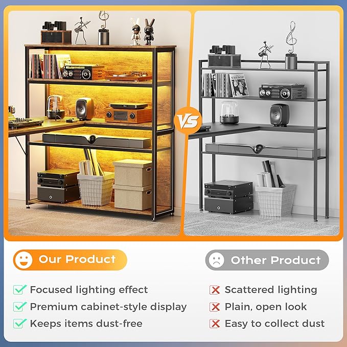PRAISUN 57 Inch L Shaped Gaming Computer Desk with Larger Open Cabinet Reverisble Office Desk with Power Outlets LED Lights Work Desk Fabric Drawer Adjustable Wood and Mesh Shelf Rustic Brown