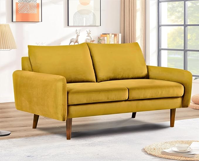 Kent Velvet Loveseat Sofa for Modern Living Rooms and Compact Spaces Comfy 2 Seater Couch Studio Apartment Furniture with Sleek Design Greenish Yellow