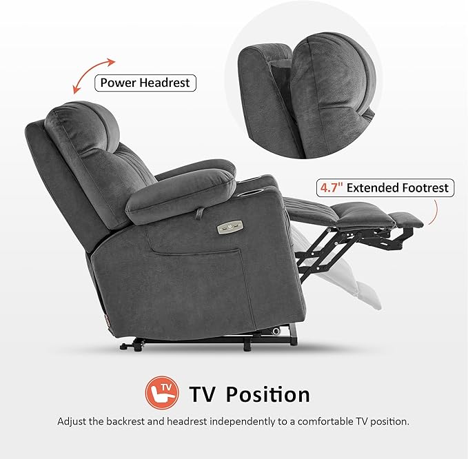 MCombo Small Size Triple Motor Power Lift Recliner Chair Sofa with Massage and Dual Heating Adjustable Headrest for Elderly People Petite USB Ports Extended Footrest Fabric 7222 (Dark Grey)