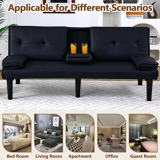 67” Futon Sofa Bed with Pillows Modern Convertible Futon Couch with 2 Cup Holders &amp Removable Armrests for Small Spaces Living Room Solid Wood Frame (Black-PU Leather)