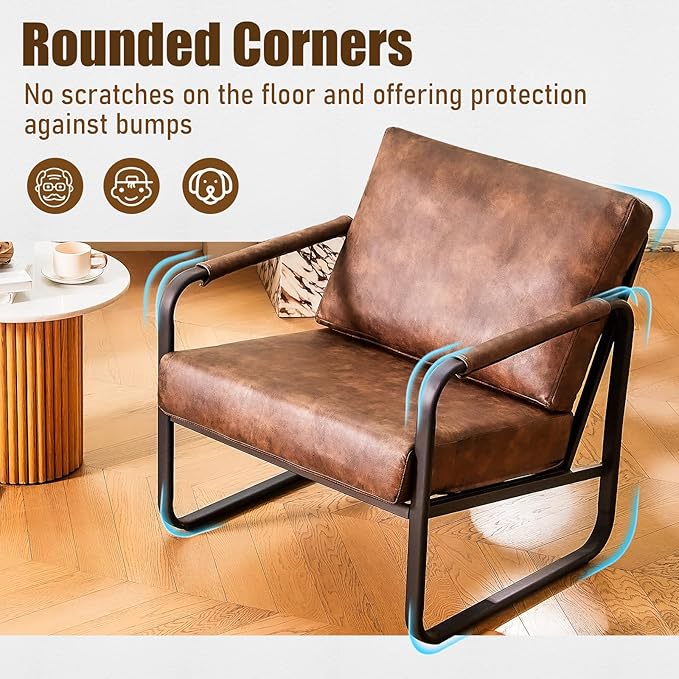 PrimeZone Mid-Century Modern Accent Chair Set of 2 - Comfy Faux Leather Living Room Chair Lounge Armchair with Extra Soft Padded &amp Cushion Ergonomic Accent Chair for Bedroom Office Brown