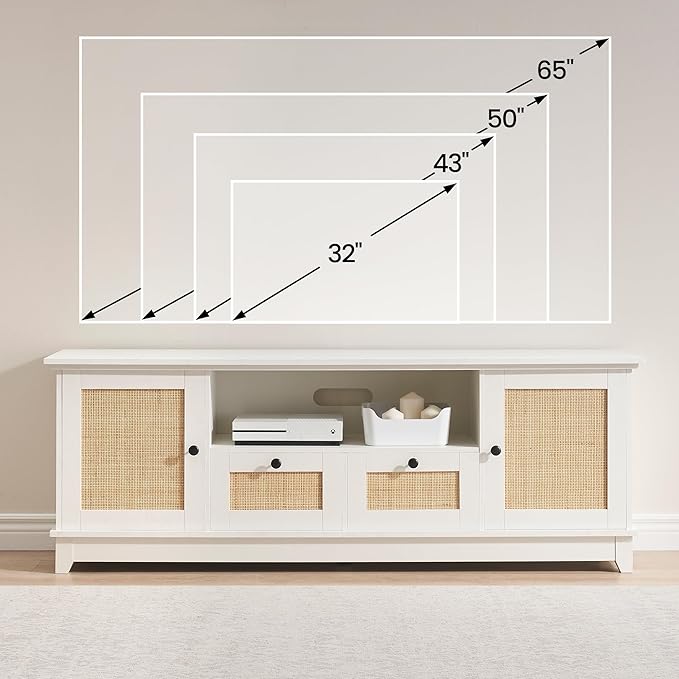 IDEALHOUSE Rattan TV Stand for 65+ Inch TV Boho Entertainment Center with Storage Drawer and Open Shelves TV Console Cabinet with Adjustable Shelf for Living Room Bedroom White