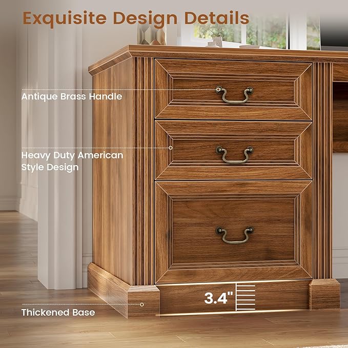 SEDETA 67 L Shaped Desk with Tall Arched Bookshelf Mid-Century Office Computer Desk with 3 Drawers and Storage Shelves Corner Executive Desk with Sliding Barn Door for Home Office Brown
