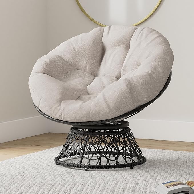 Bme 40 Ergonomic Wicker Papasan Chair with Soft Thick Cushion &amp Frame 360° Swivel Papasan Chair Circle Chair Reading Chair Chair for Living Room Bedroom Silver Cloud - Black Frame