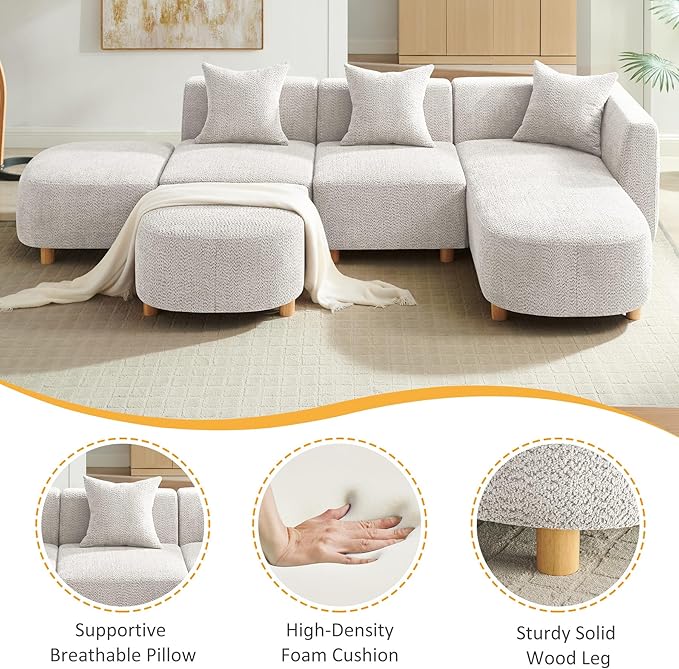 VANOMi 109.84 Modular Sectional Sofa with 3 Pillows Convertible 5-Seater Comfy Boucle Cloud Couch with Ottoman Modern Sectional Sofas for Living Room Office Apartment (Camel)