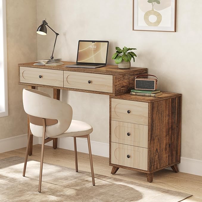 LITTLE TREE 39-Inch Computer Desk with 5 Drawers Extendable Table with Storage for Small Space Home Office Reversible Design (Rustic Brown)