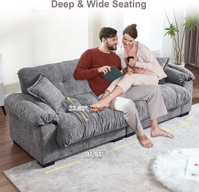 90.5 Modular Cloud Sofa 2 Seater Couch Oversized Loveseat with Armrest Pillow Comfy Tufted Couch Deep Seat Love Seats for Living Room Apartment Small Space- Grey