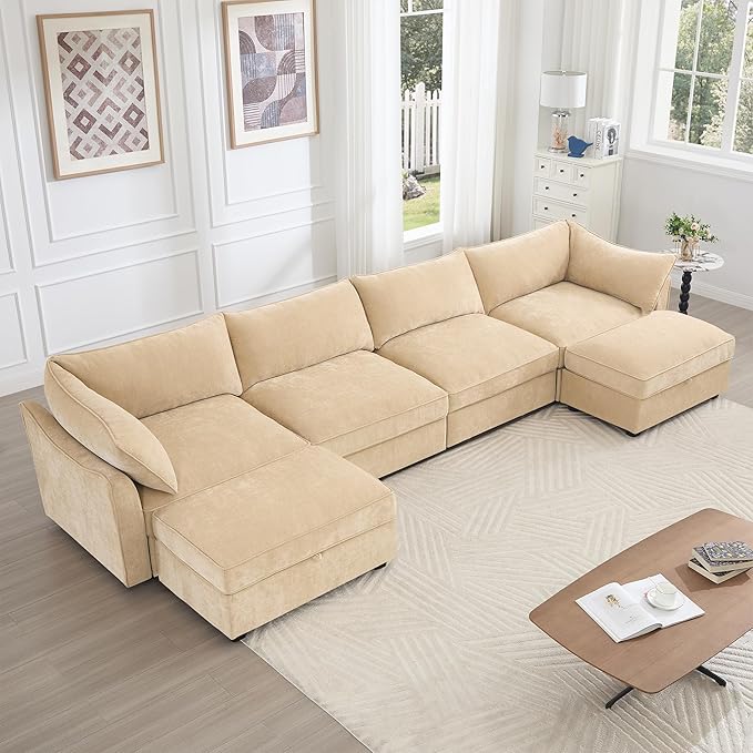 Aoowow Modular Sectional Sofa with Pullout Storage Seat 146.4” U-Shaped Chenille 4-Seat Sofa Couch with 2 Storage Ottomans Upholstered Deep Couches for Living Room Apartment OfficeWheat