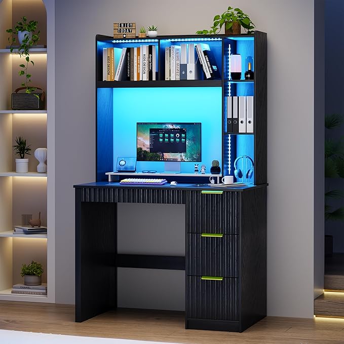 HNEBC Home Office Desk with Hutch and Drawers - 39 Standing Computer Desk with Charging Station&amp3 Color LightsHidden Compartment &amp Fluted Panel Design LED Writing Desk for Bedroom Study (B